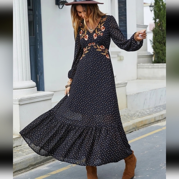 Embroidered V-Neck Long Sleeve Dress - Picture 1 of 5